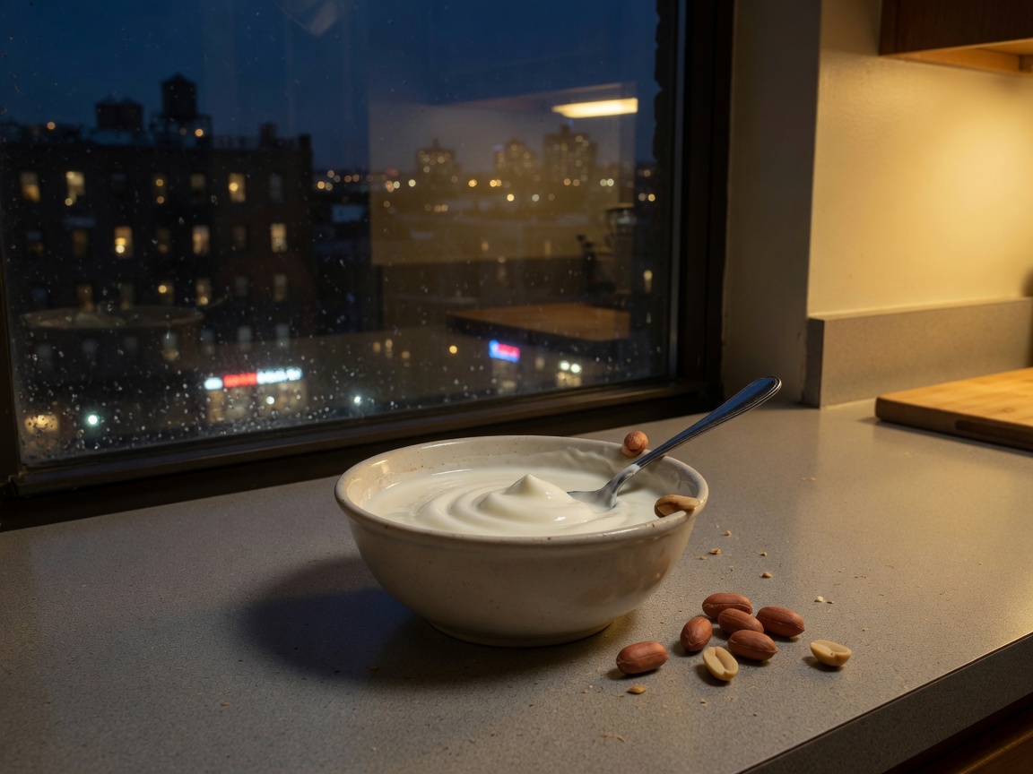 Night kitchen: a bowl of yogurt and a banana under cabinet light