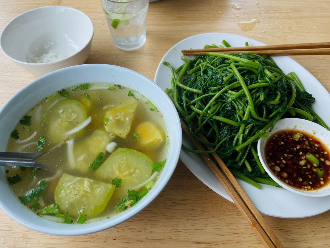 Bowl of bún with lots of herbs and grilled meat beside a soup bowl
