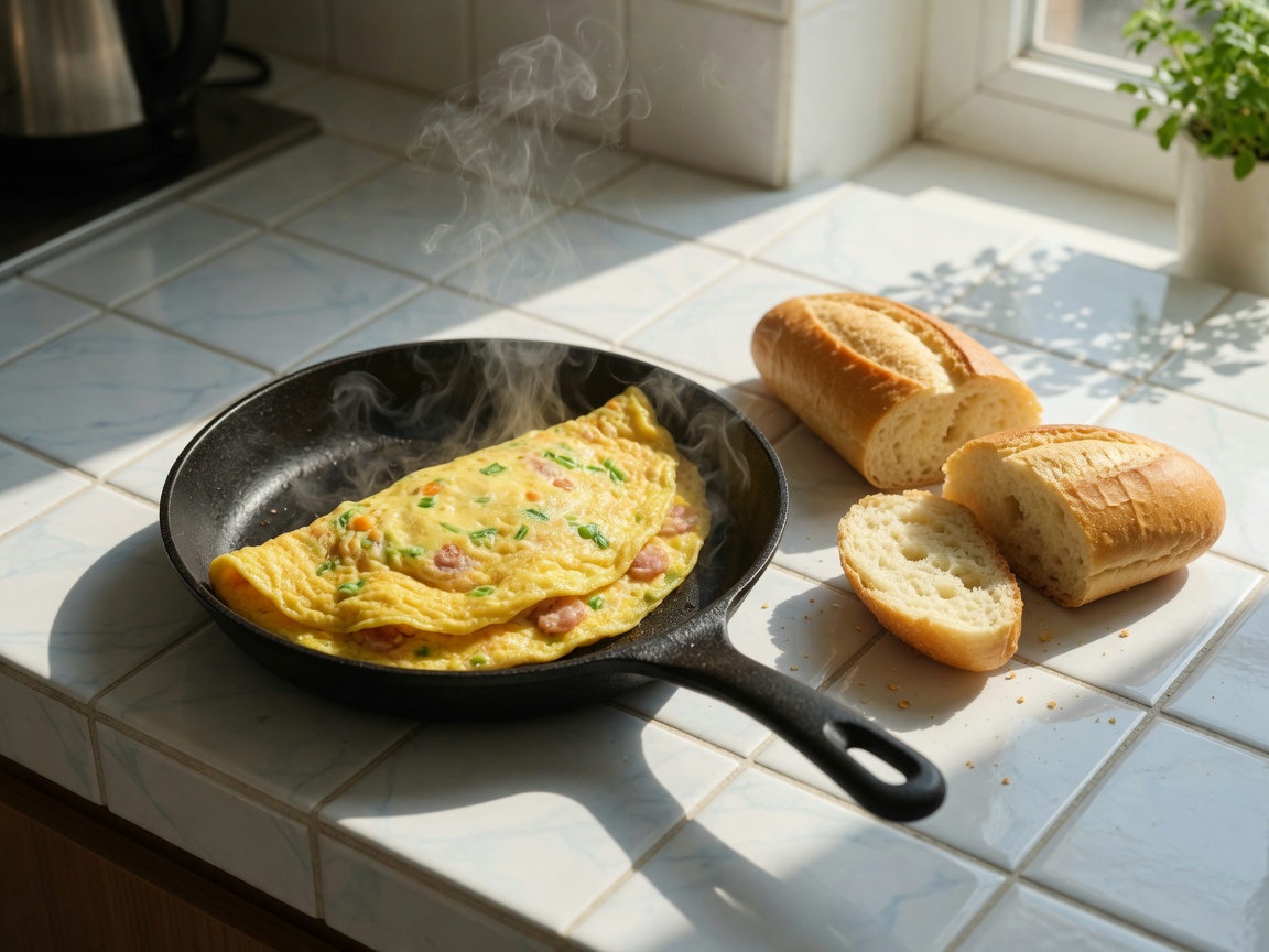 Morning kitchen: scrambled eggs in a pan, bread, and fruit yogurt
