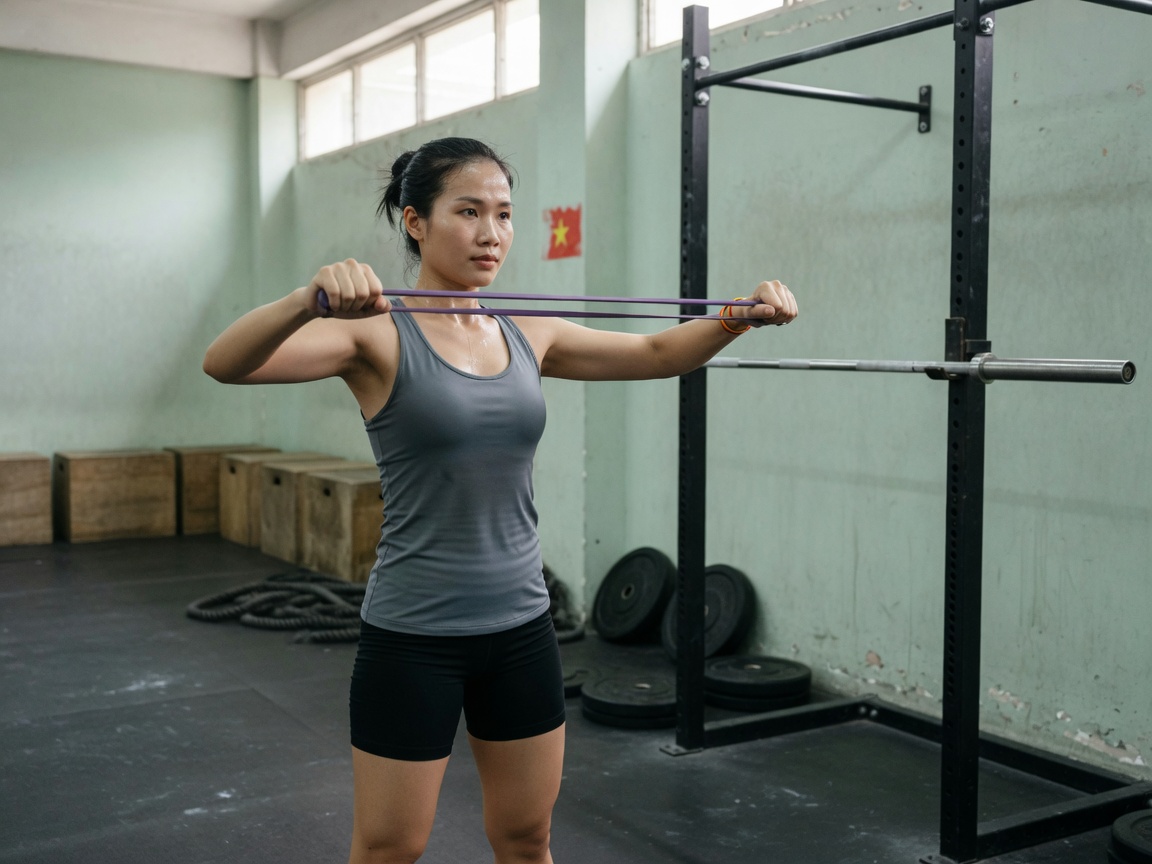 Hip warm-up with a resistance band on a gym floor