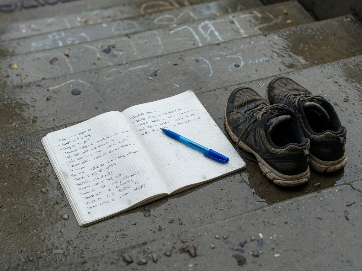 Tying shoelaces on gym steps on a rainy day