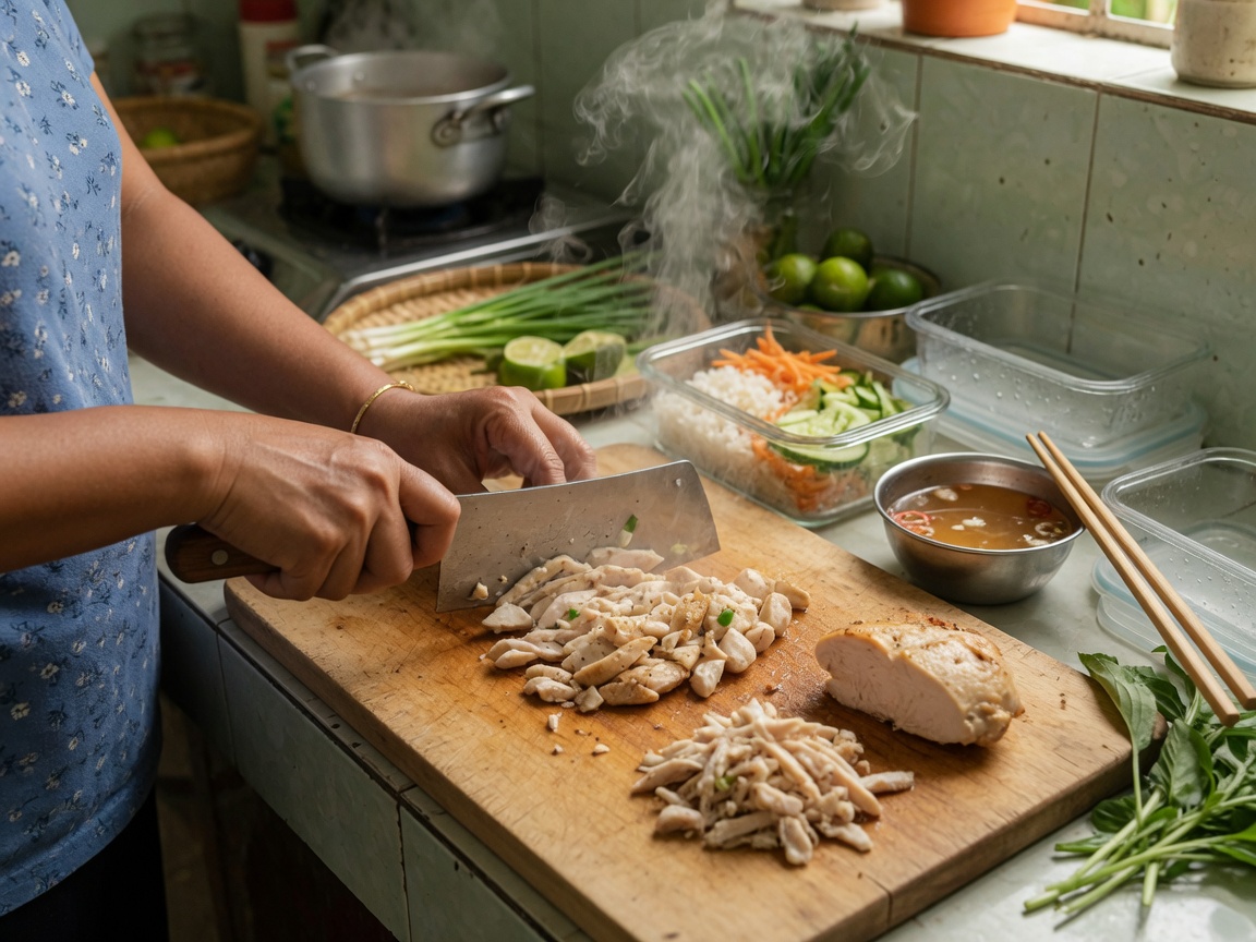 Row of glass meal-prep boxes with chicken, rice, and vegetables on a kitchen counter