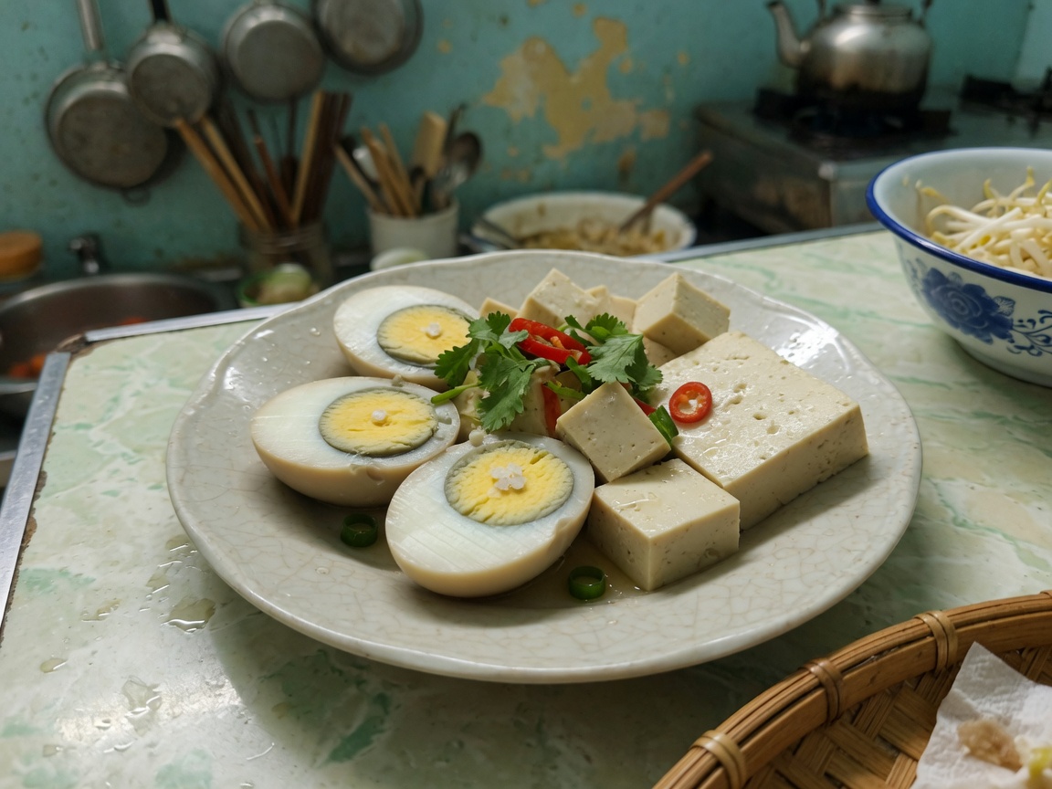 Tray of high-protein foods: eggs, tofu, fish, yogurt, peanuts