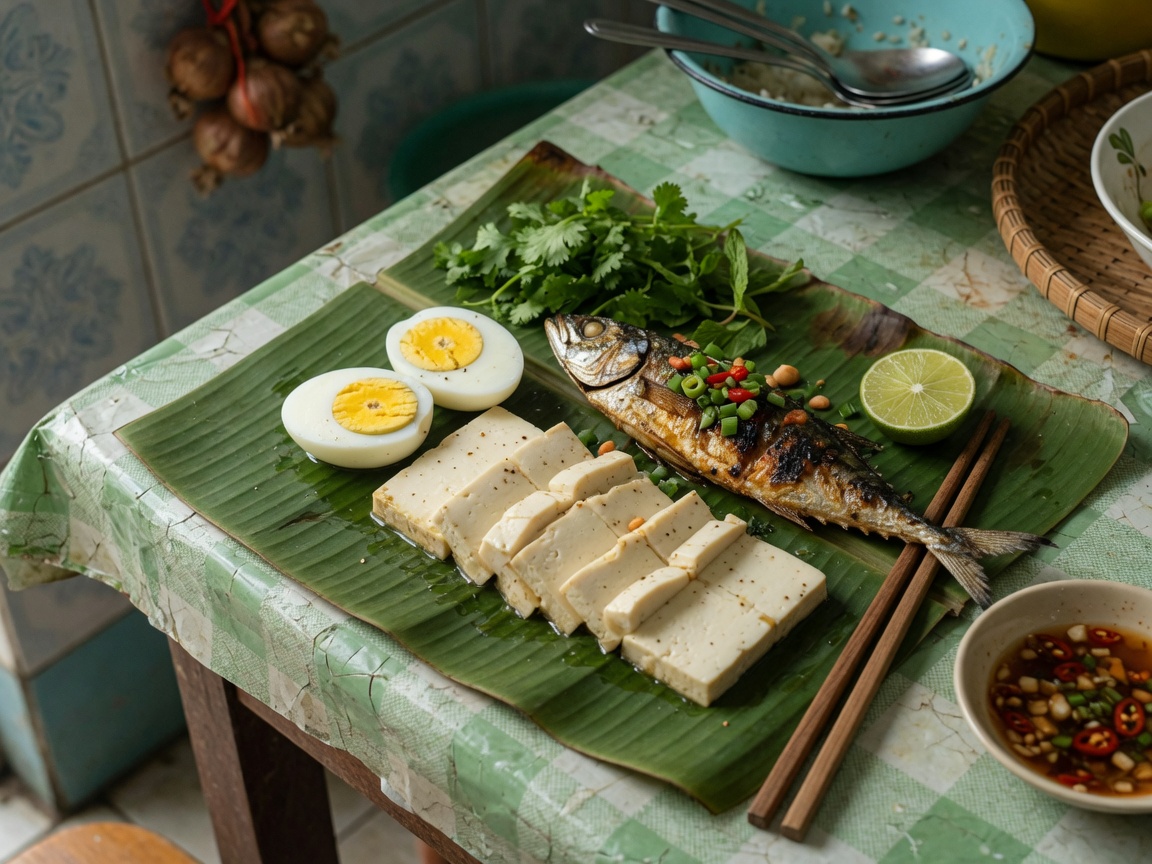 High-protein Vietnamese spread: eggs, tofu, grilled fish, chicken breast, yogurt, peanuts