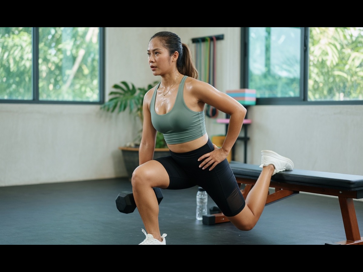 Person breathing between dumbbell rep clusters