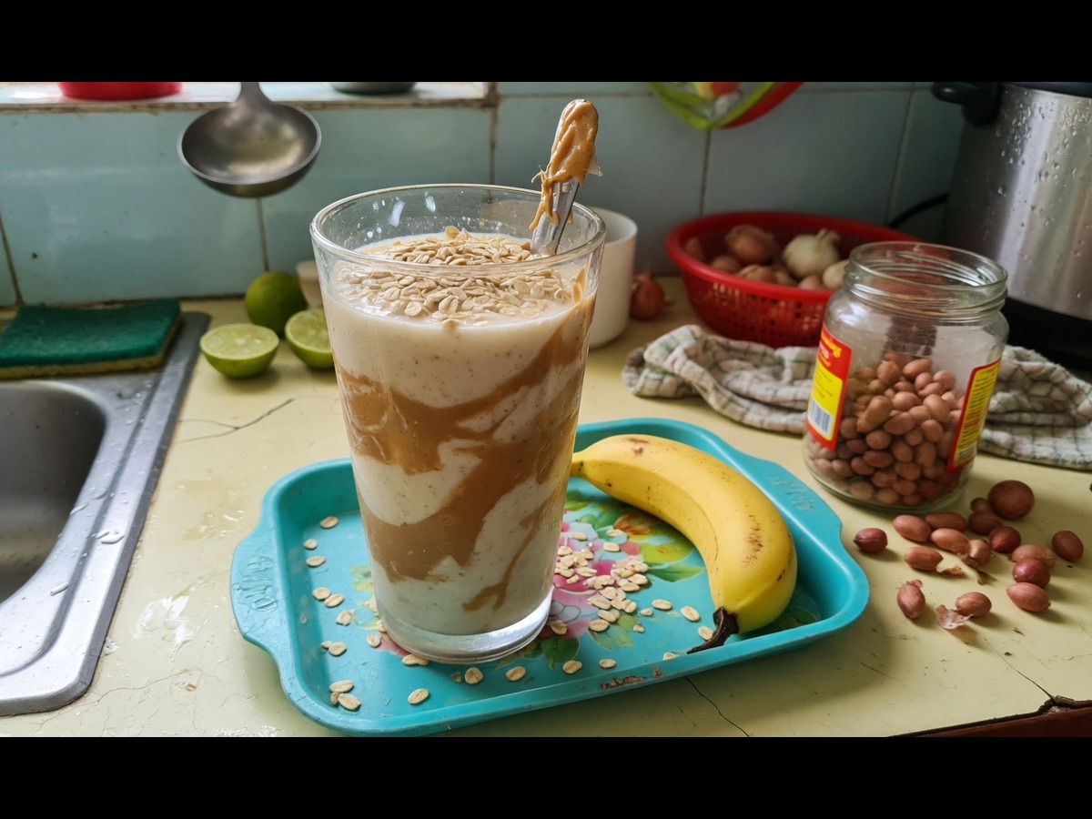 Banana–peanut smoothie glass