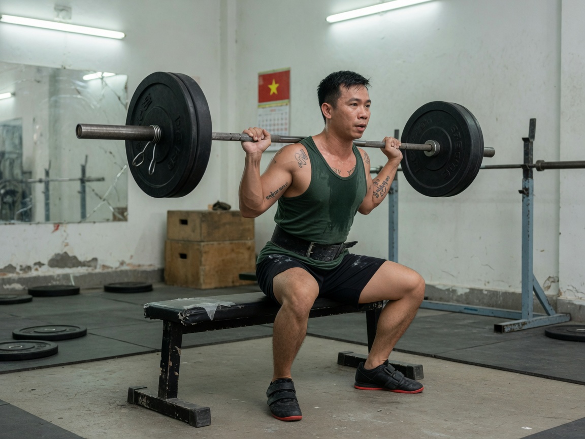 Side angle of a deep barbell squat with heels flat on the floor