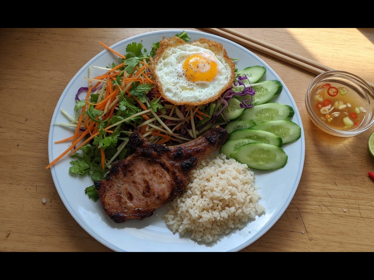 Cơm tấm plate with lots of vegetables