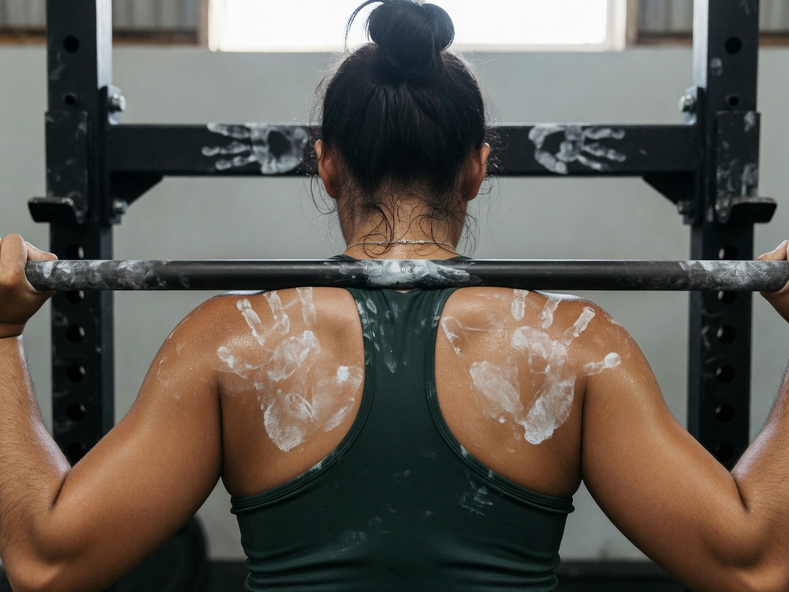 Woman standing with a barbell after squats, firm shape without bulk