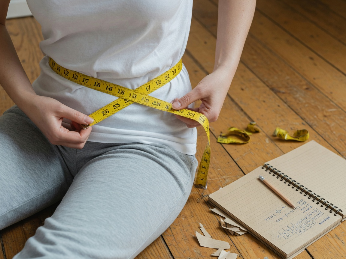 Handwritten training notebook beside a dumbbell, measuring tape, and coffee
