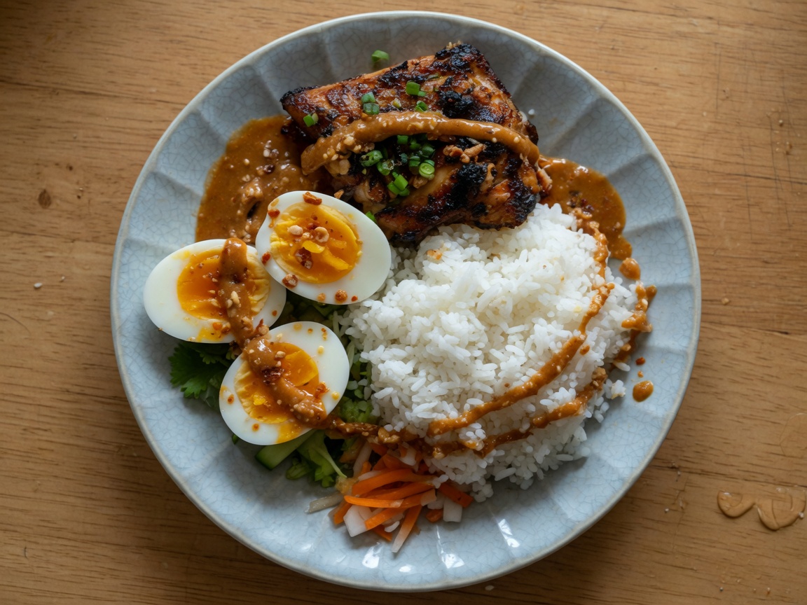 Plate of grilled chicken rice, two fried eggs, avocado, and banana